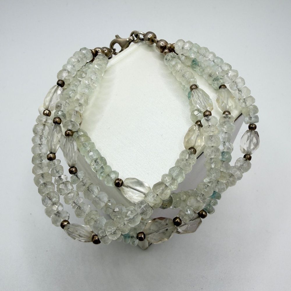 up to 9", four strands of hand faceted, light AQUAMARINE beaded bracelet in 925!
